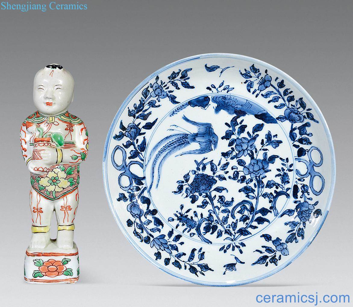 Ming Blue and white flower on disk and colorful lad (two)