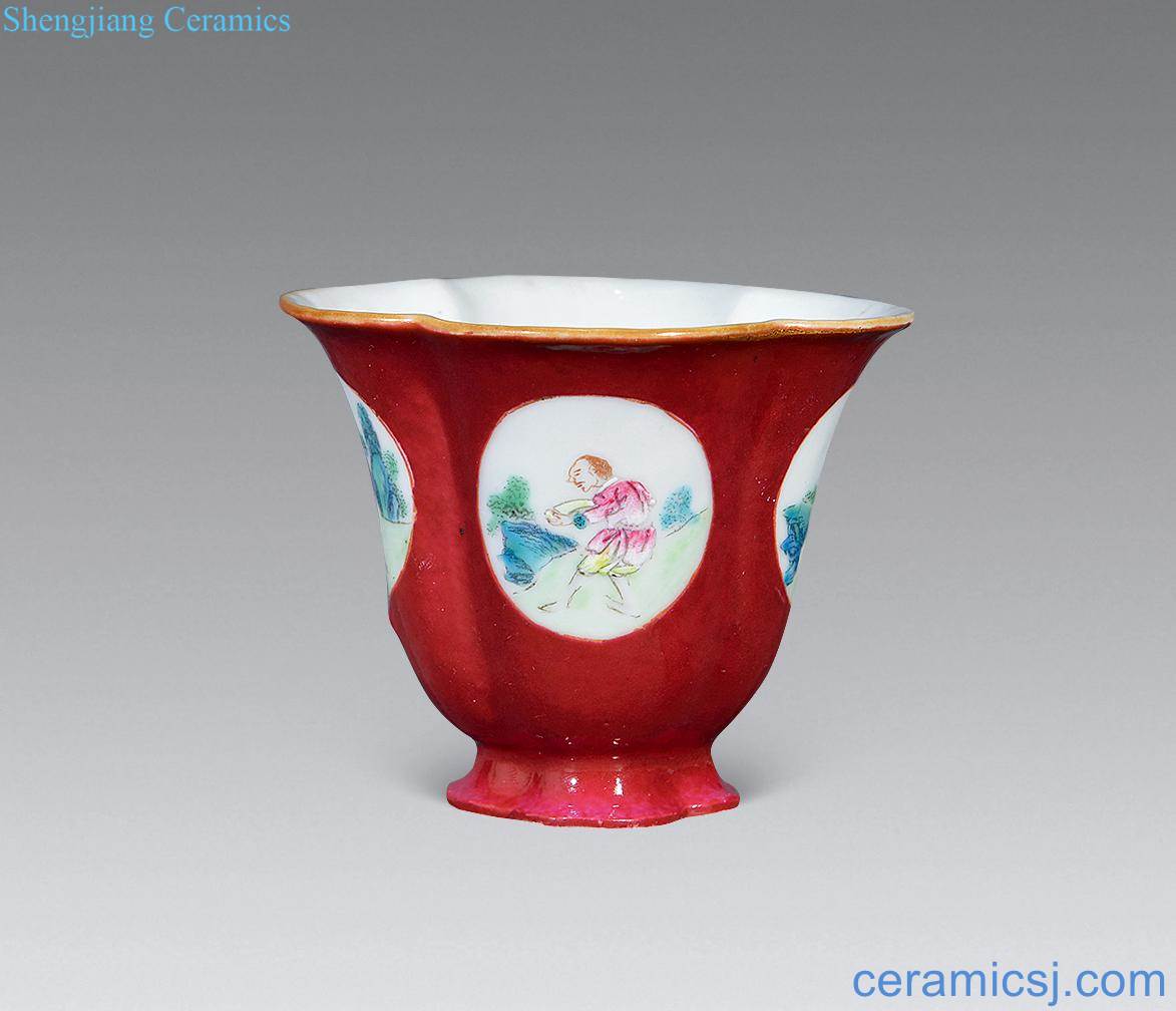 Qing qianlong Carmine red glaze medallion haitang type cup pastel western characters