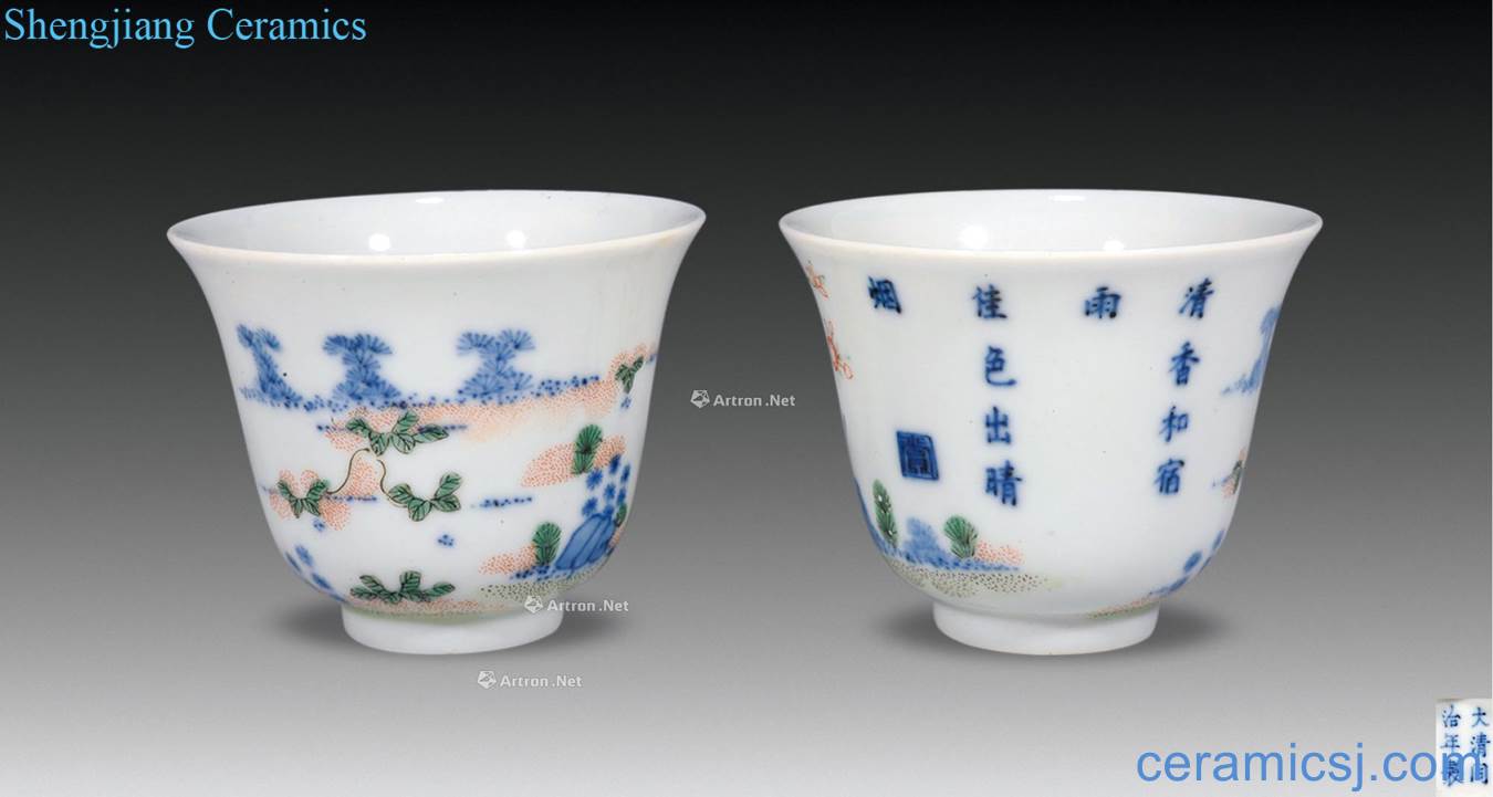dajing Blue and white color flora cup (pair) of December