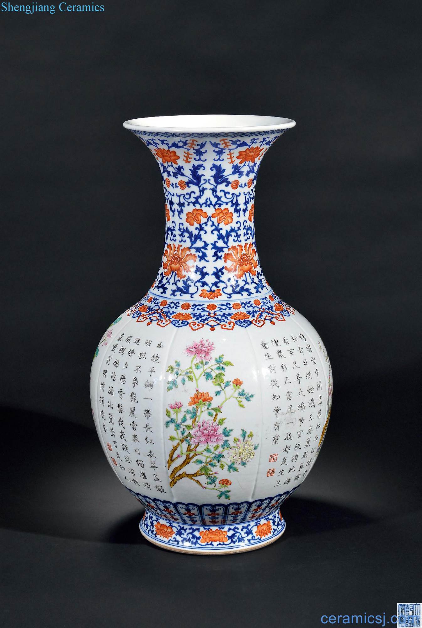 Qing qianlong blue vitriol red enamel four seasons flower bottle drive makes poems