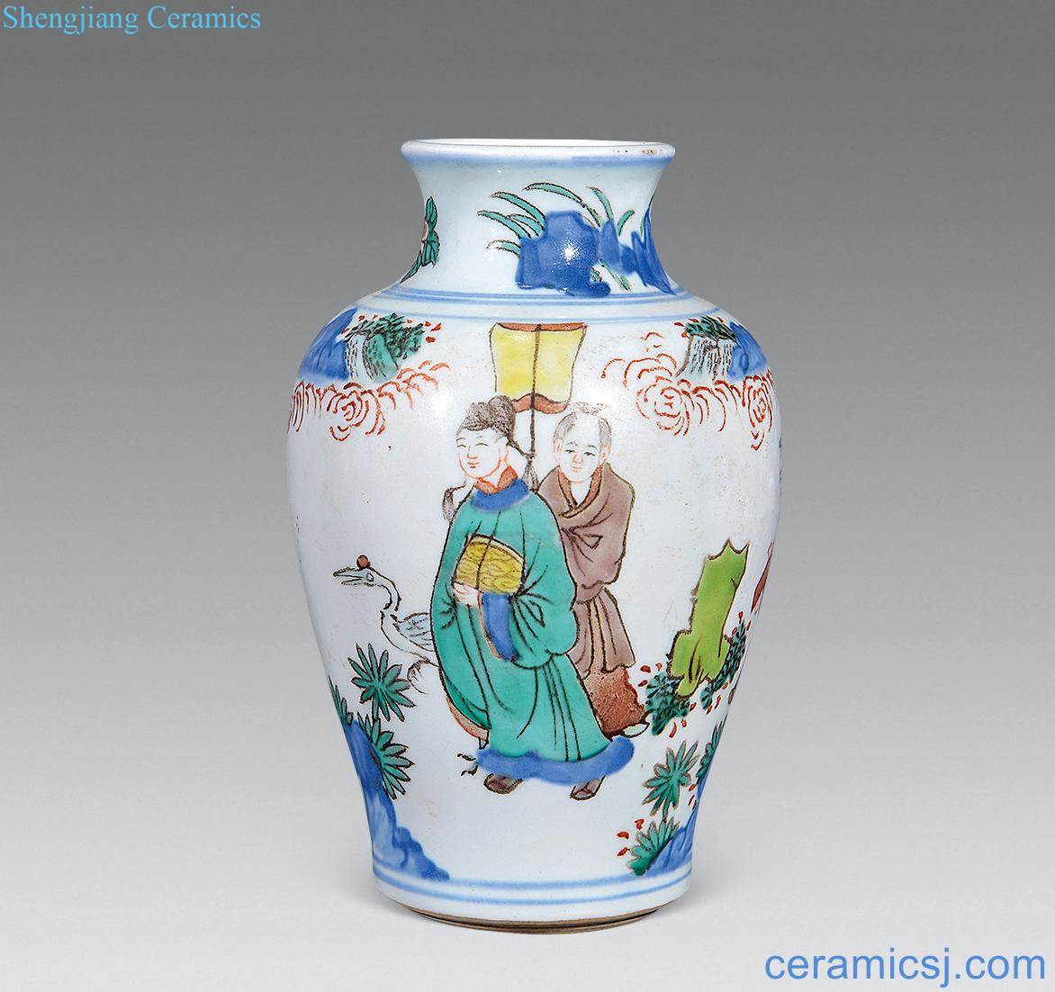 In the early qing Blue and white bottle of colorful characters