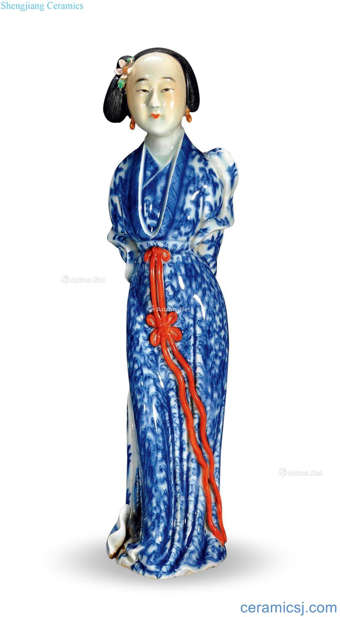 qing Blue and white images lady stands resemble