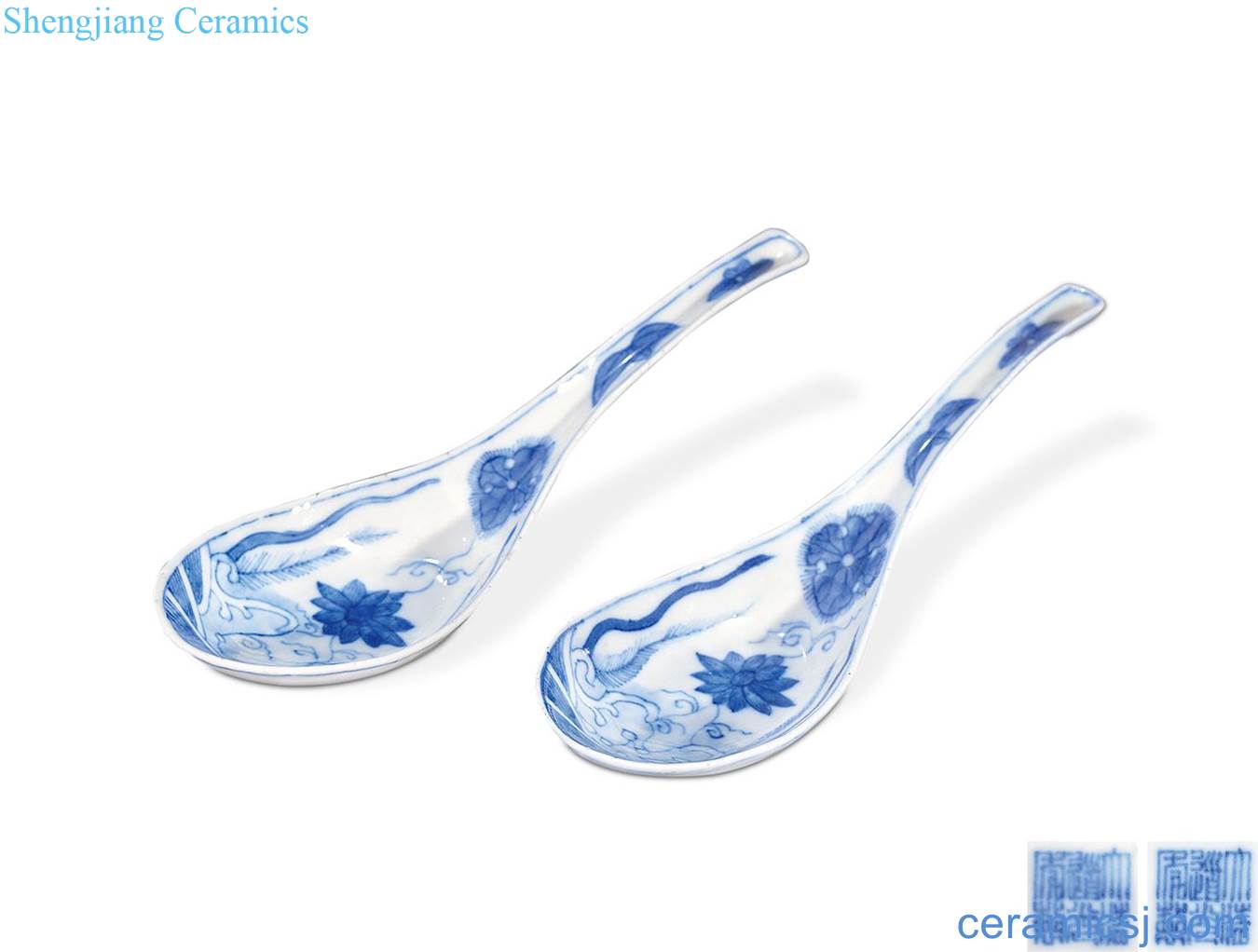 In late qing dynasty Blue sea water lotus spoon (two)