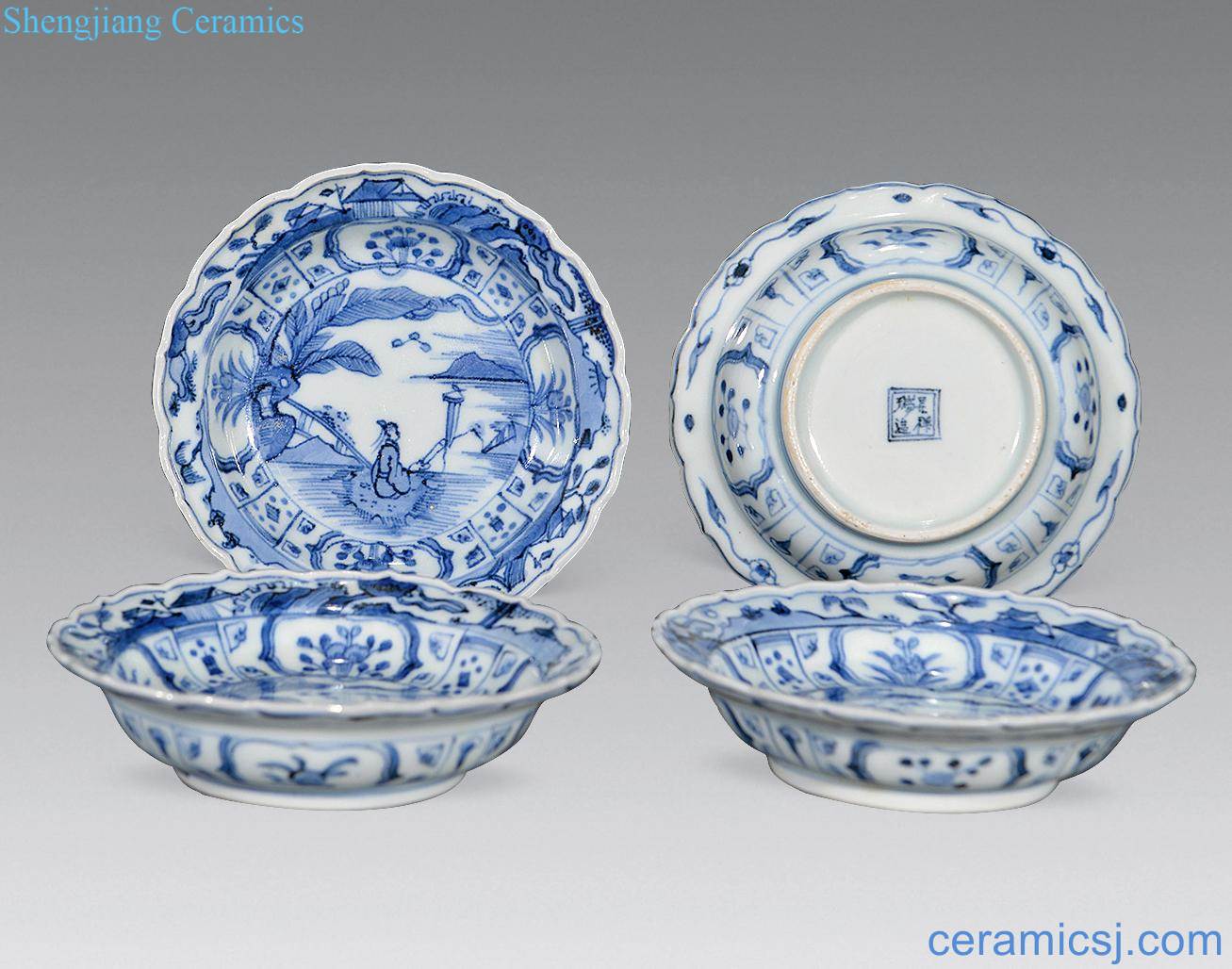 qing Blue and white landscape character flower small mouth (four pieces)