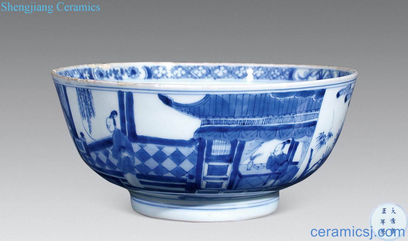 Qing yongzheng blue romance story figure bowl