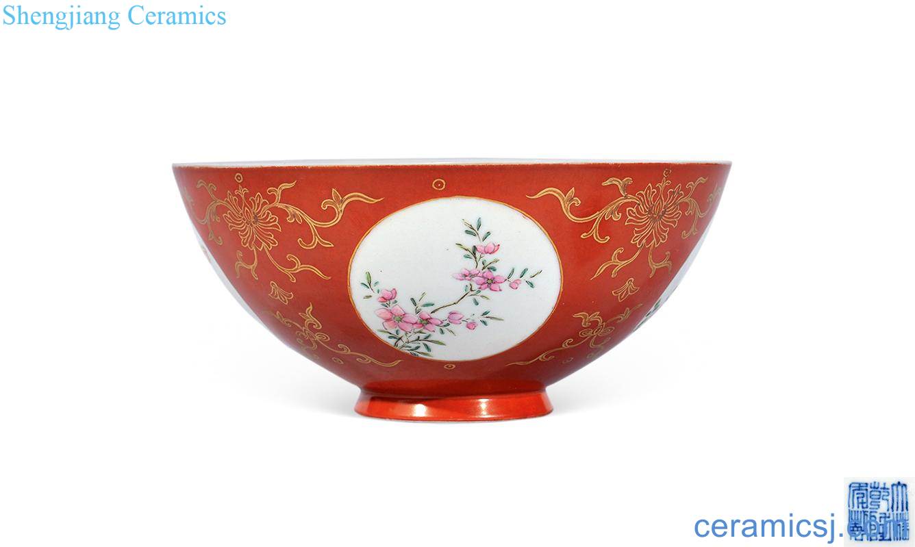 Qing qianlong coral red medallion famille rose flower bowls