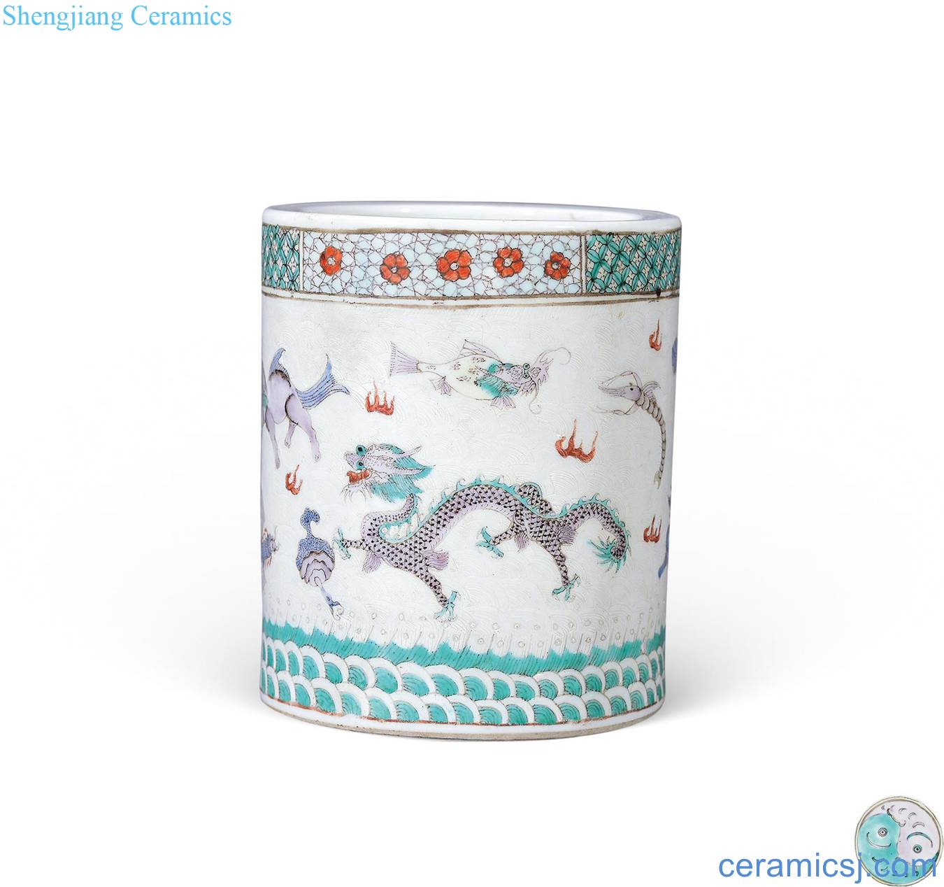 Qing guangxu pastel water benevolent figure pen container
