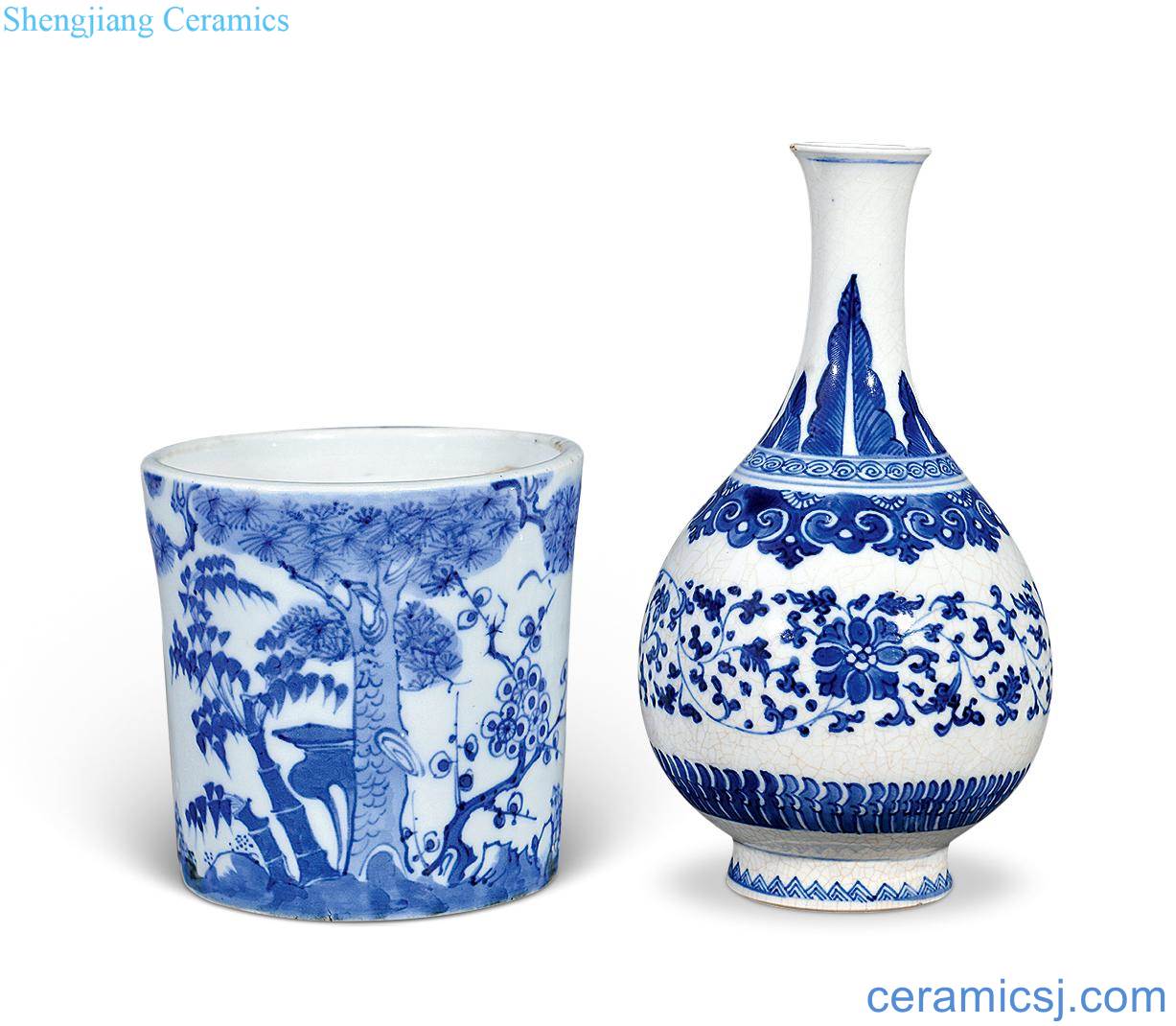 Qing qianlong Blue and white tie up lotus flower bottle, shochiku plum flower POTS (two)