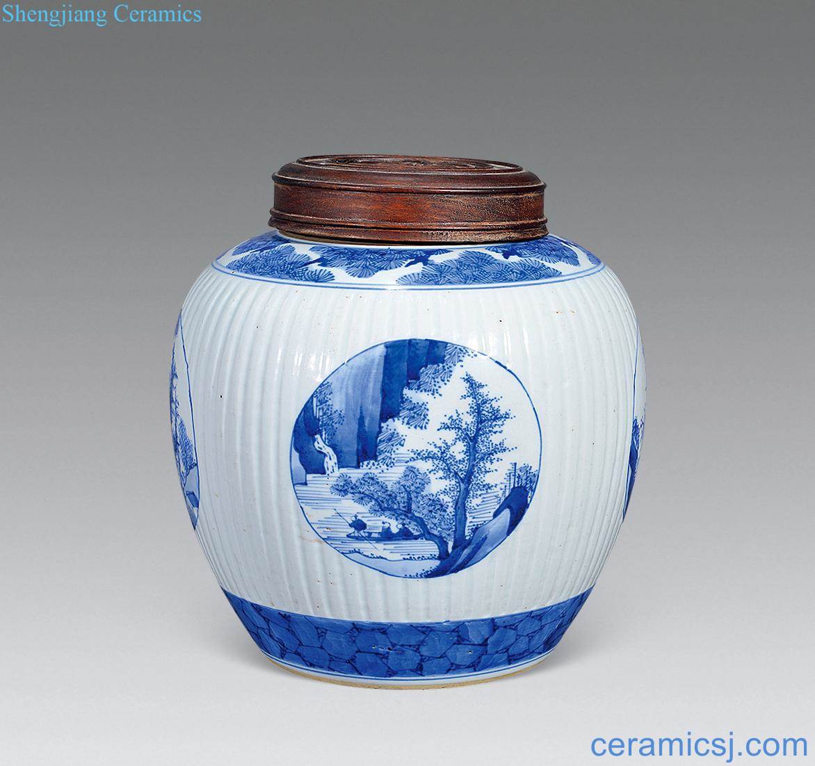 The qing emperor kangxi Blue and white medallion landscape cans