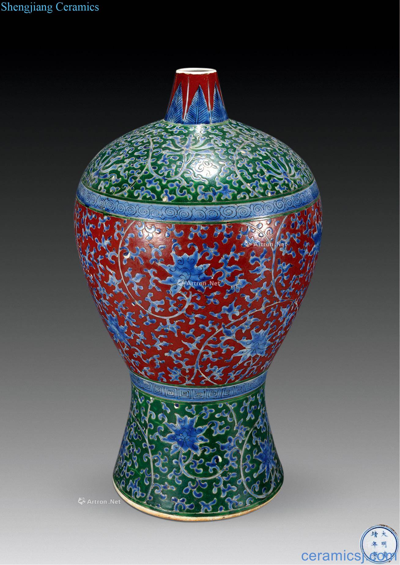 Ming Colored glaze blue glaze flower plum bottle around branches