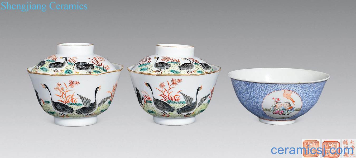 Qing managment - pastel LuYan figure tureen, enamel medallion and two bowls