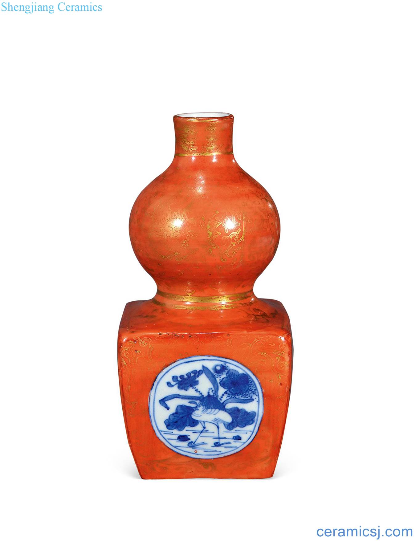 Ming wanli Coral red colour blue and white flower on the gourd bottle medallion