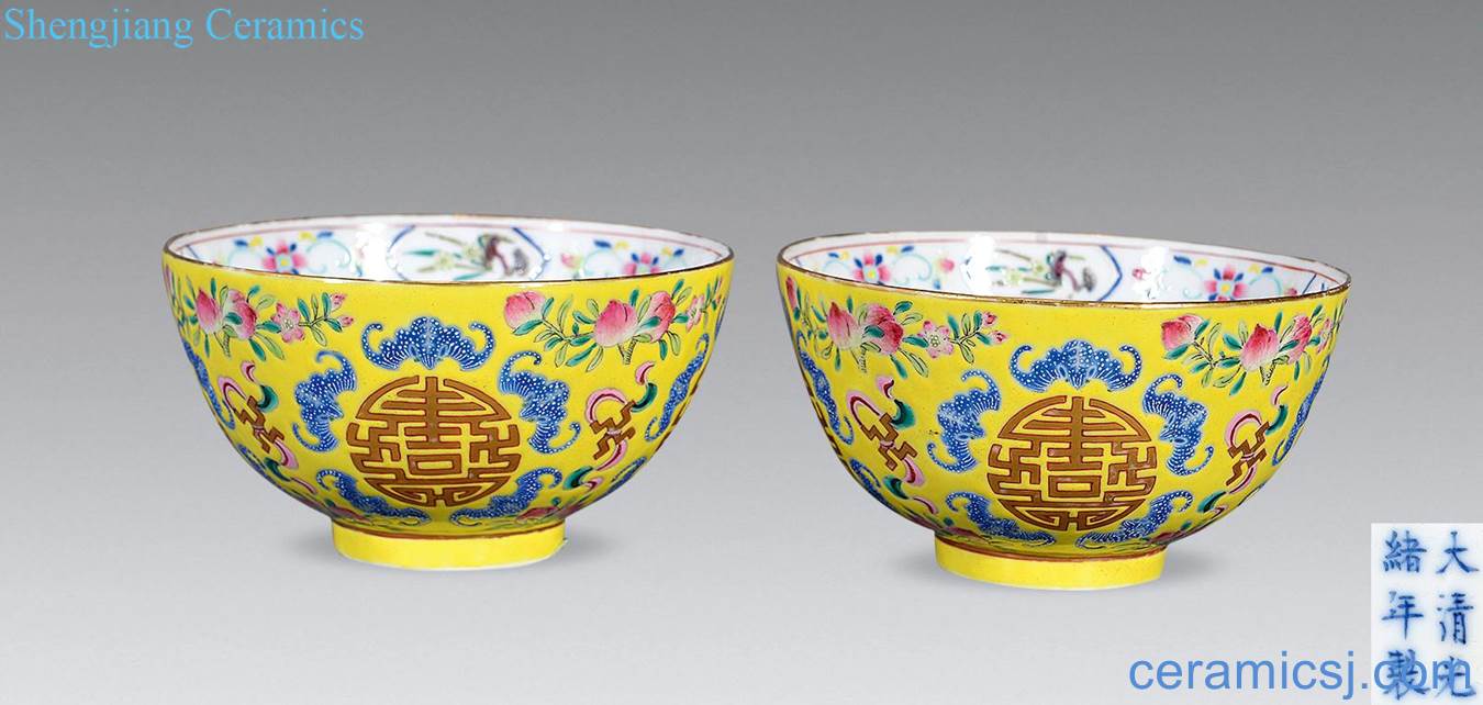 Qing guangxu Yellow powder enamel to five bats holding shou wen bowl (a)