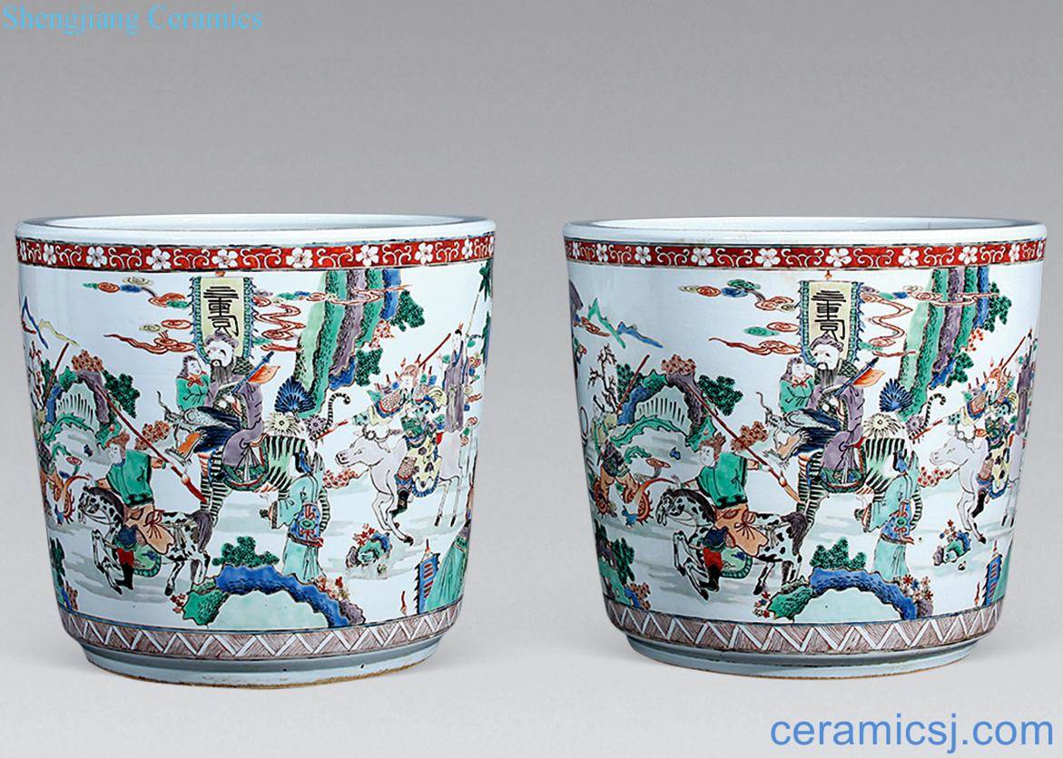 Qing guangxu Colorful knife horse figures flowerpot (a)