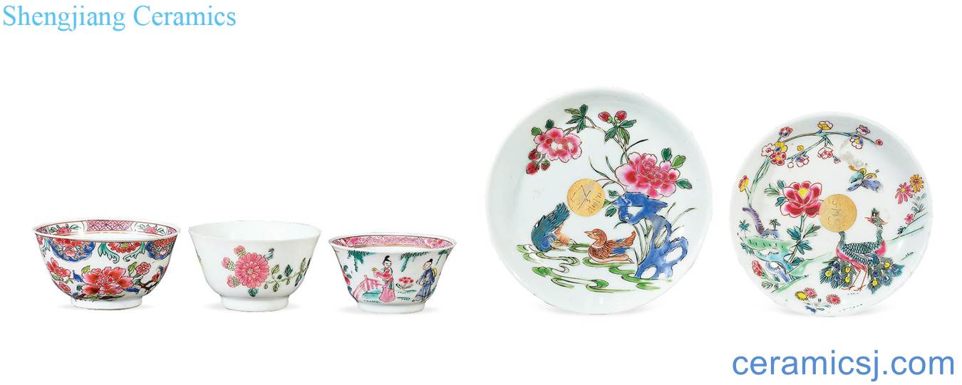 Qing yongzheng pastel flowers cup, dish (a total of five pieces)