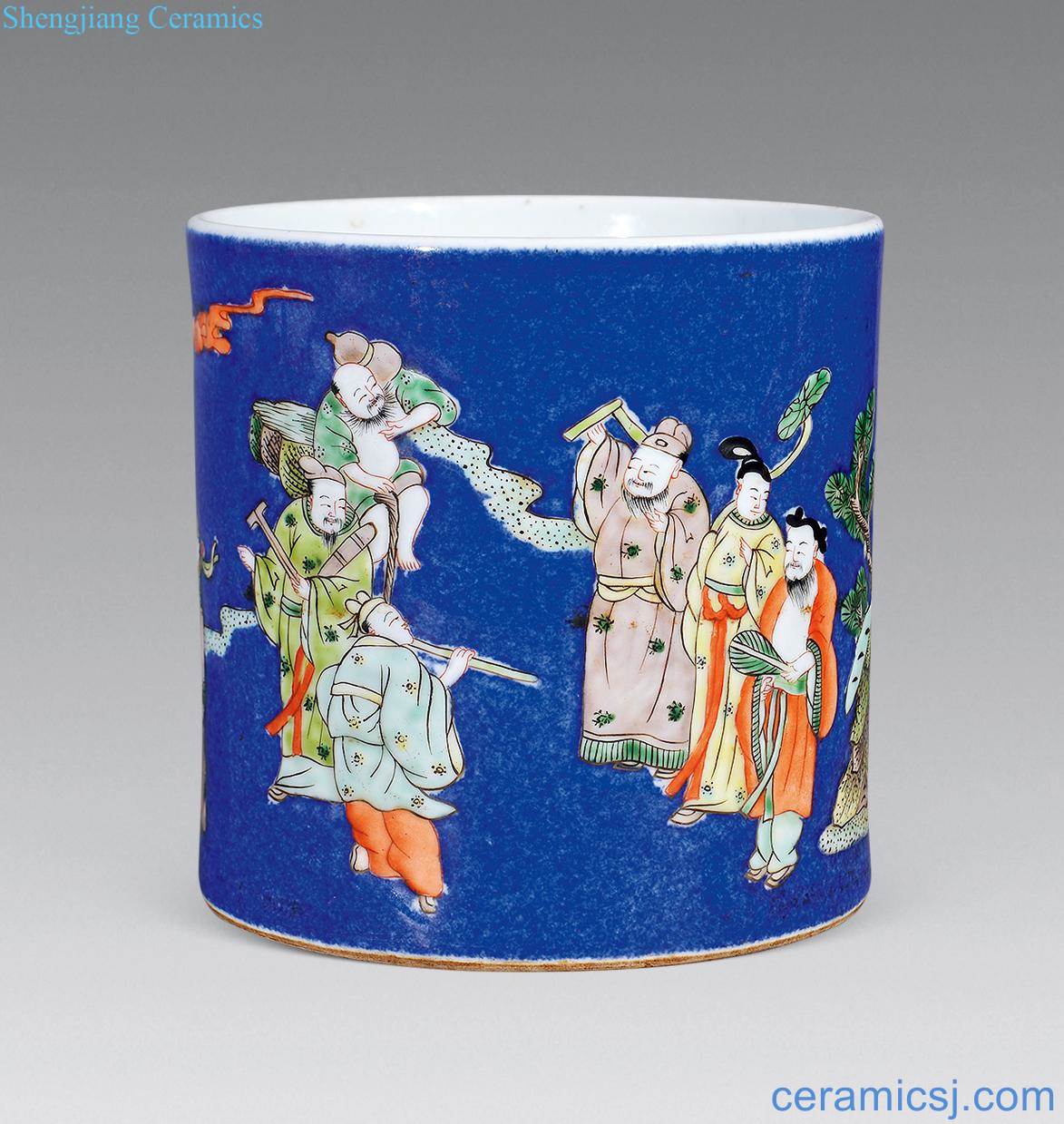 Qing guangxu Blue colorful eight immortals brush pot