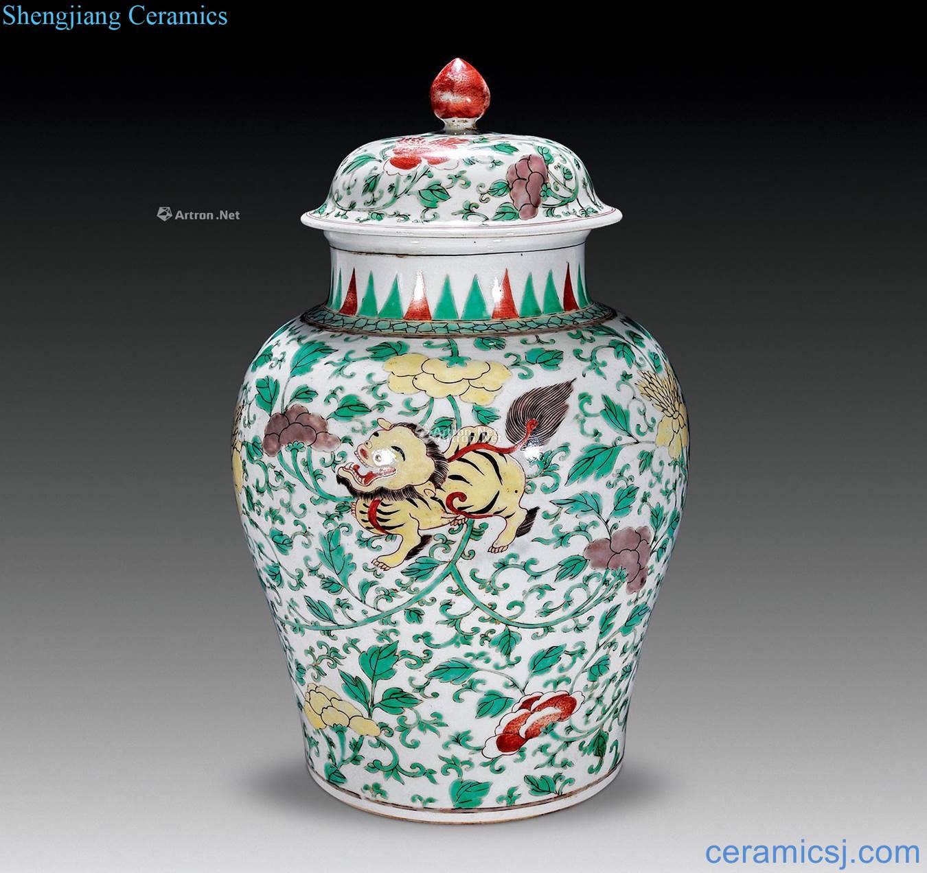 The qing emperor kangxi colorful lion dances cover pot peony