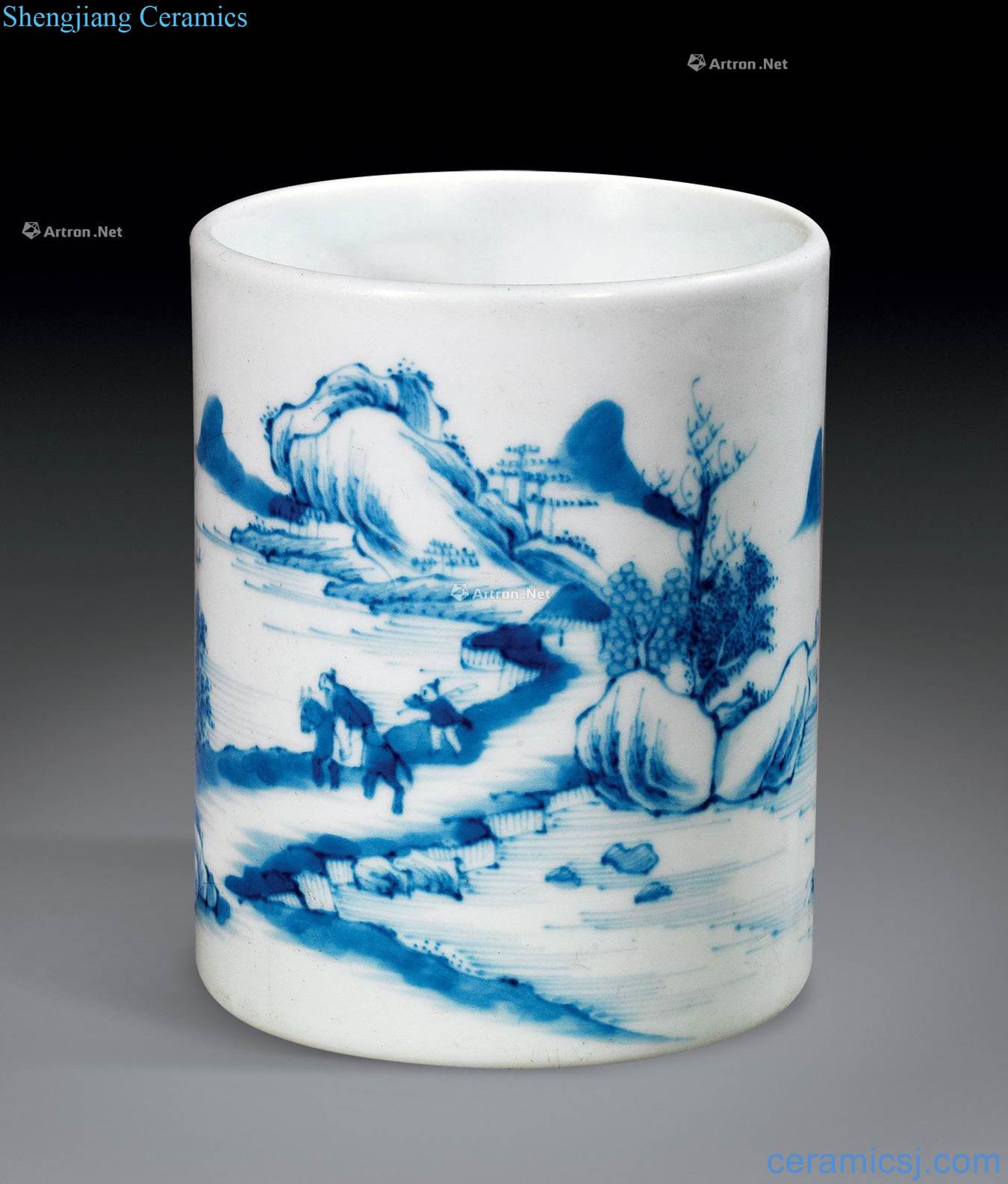 Qing qianlong Blue and white landscape character brush pot
