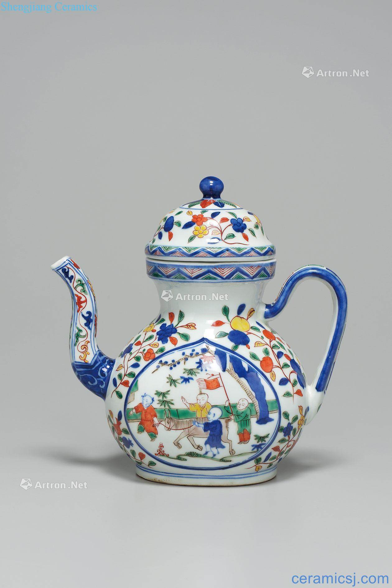 Ming jiajing colorful baby play with medallion ewer