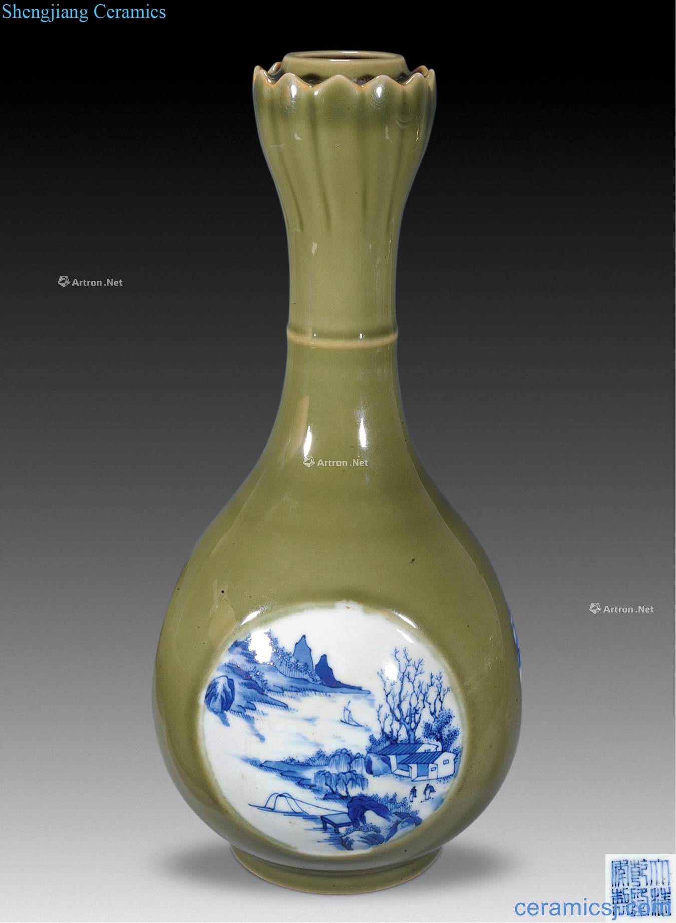 Mid qing Holly glaze medallion blue and white landscape lotus mouth bottle