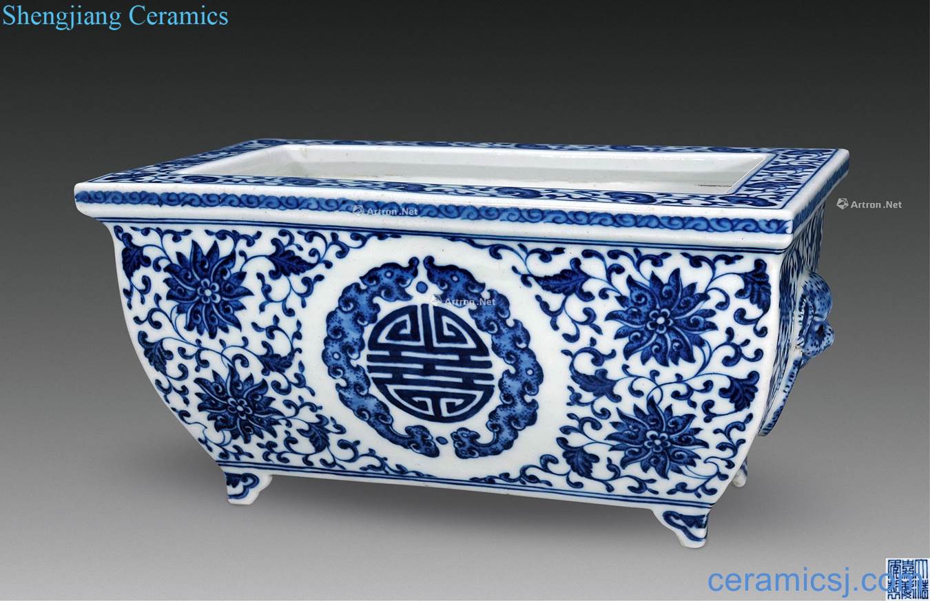 Qing jiaqing Blue and white lotus flower group long-lived narcissus basin