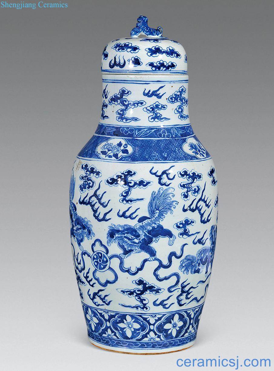 Mid qing Blue and white lion ball grain cover tank