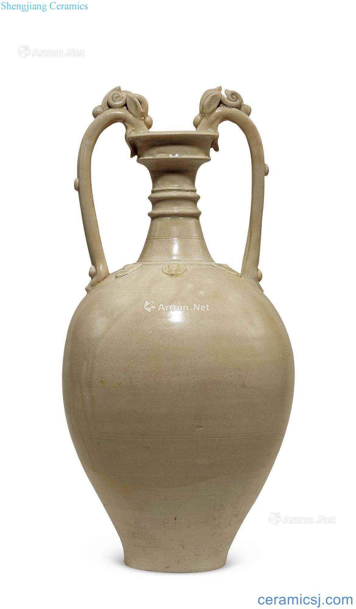 The tang dynasty White glazed ssangyong ear big bottle