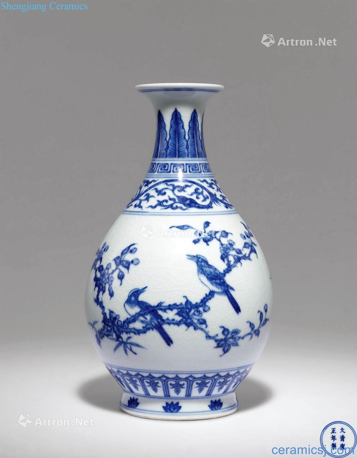 Qing yongzheng blue-and-white beaming grain okho spring bottle