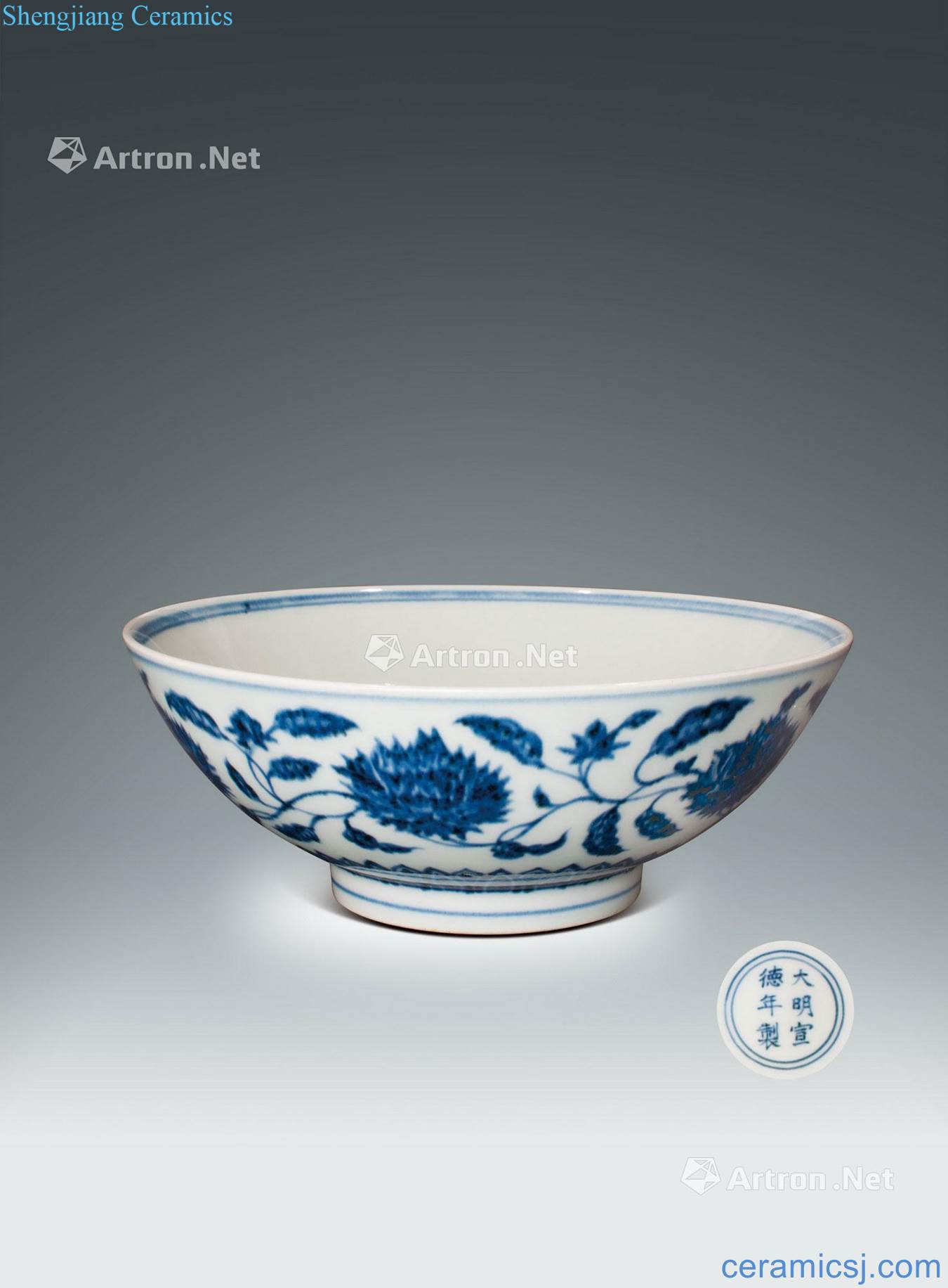 Ming xuande Blue and white tie up branch peony green-splashed bowls