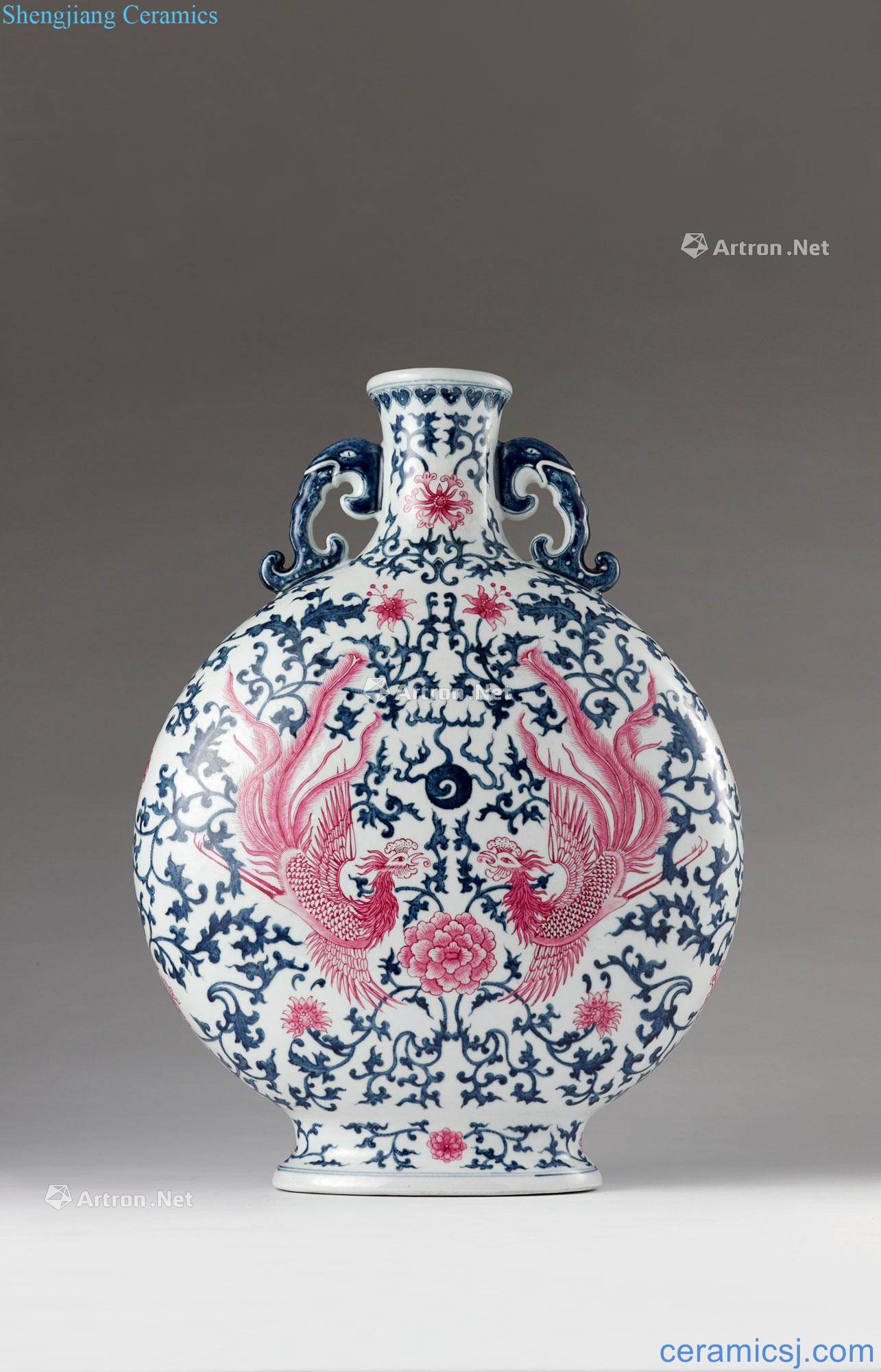 Qing qianlong blue-and-white carmine is expected to double phoenix play pearl grain dragon ear flat pot