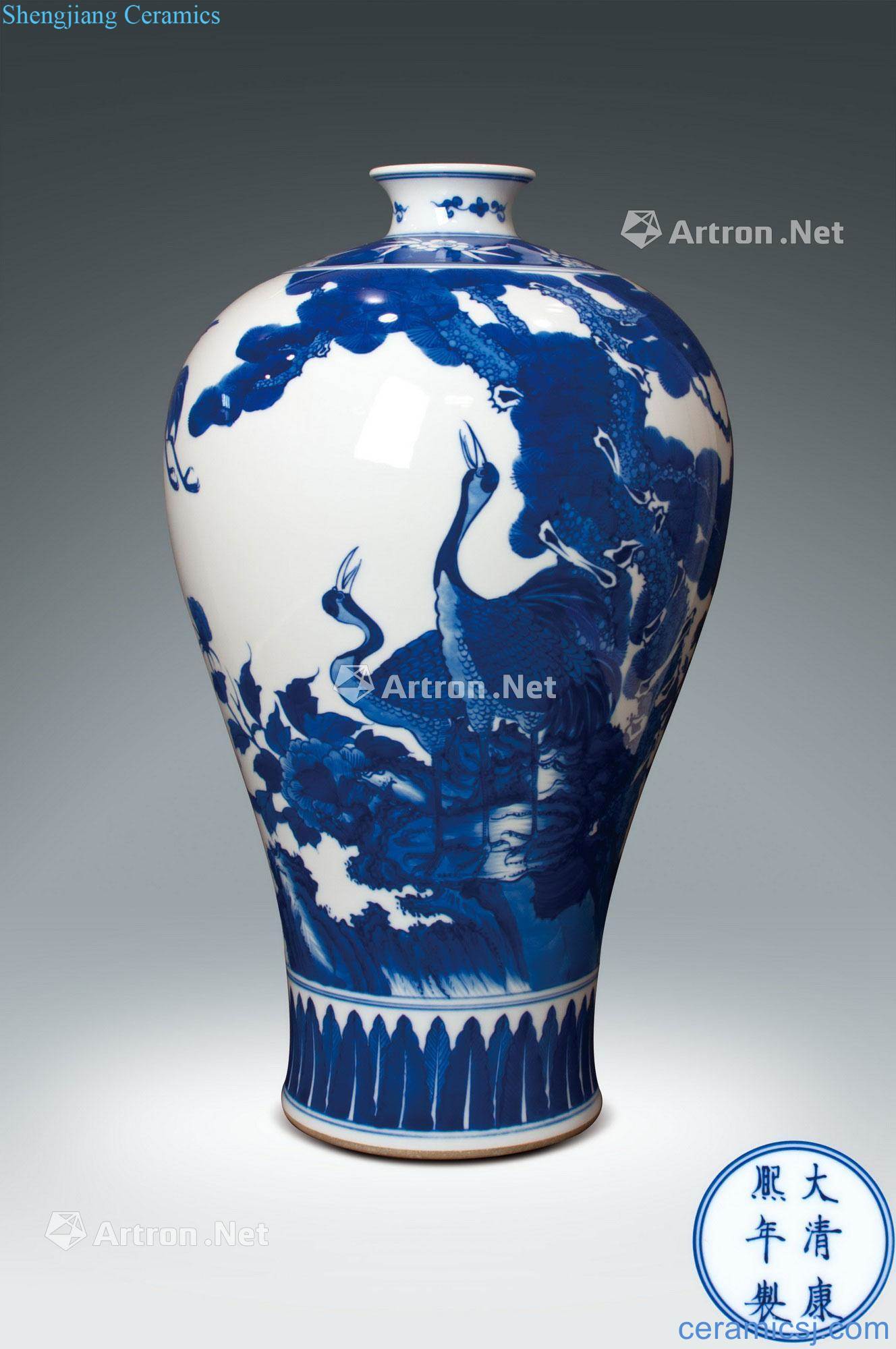 qing Blue and white pine crane grain mei bottle