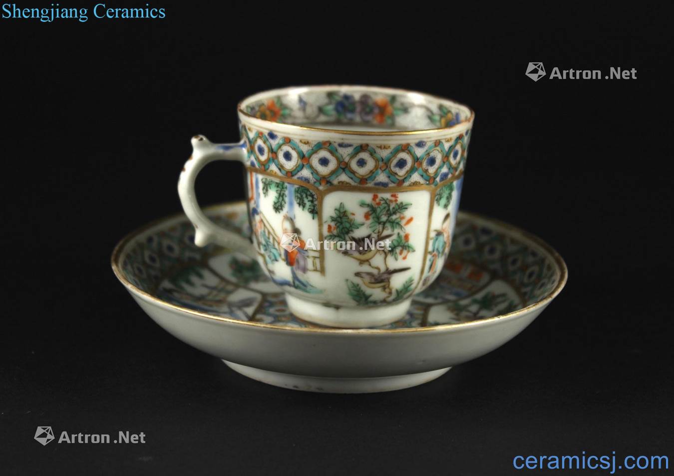 The late qing dynasty colorful paint medallion characters grain export porcelain cups and saucers