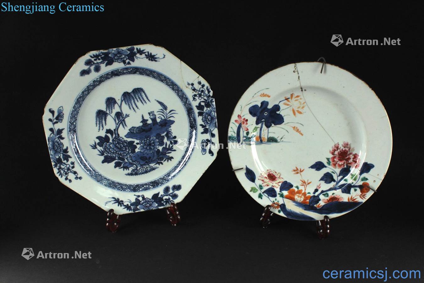 Mid qing Blue and white eight square plate and blue and white and color flower tray