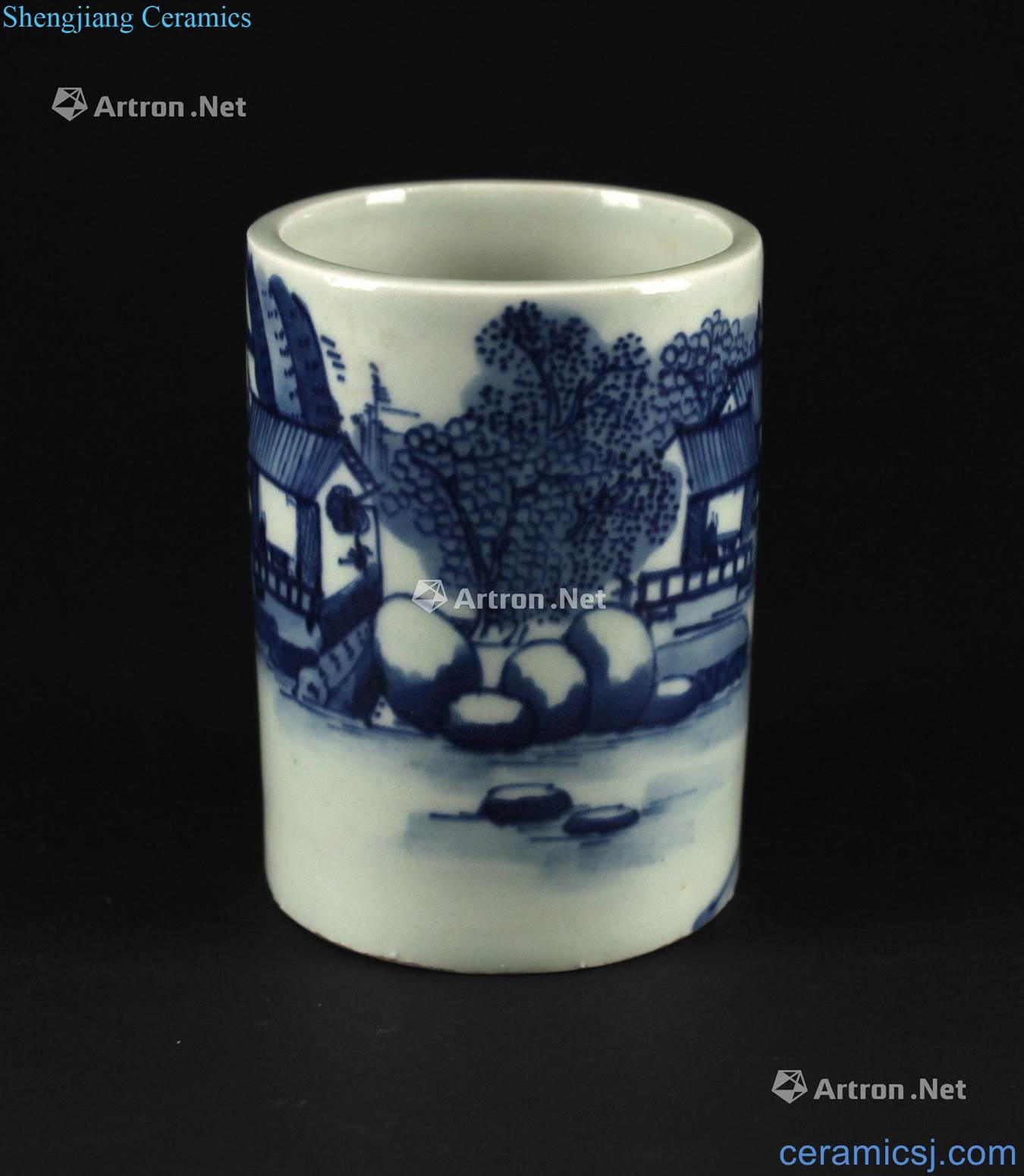 Qing guangxu Blue and white landscape pattern brush pot