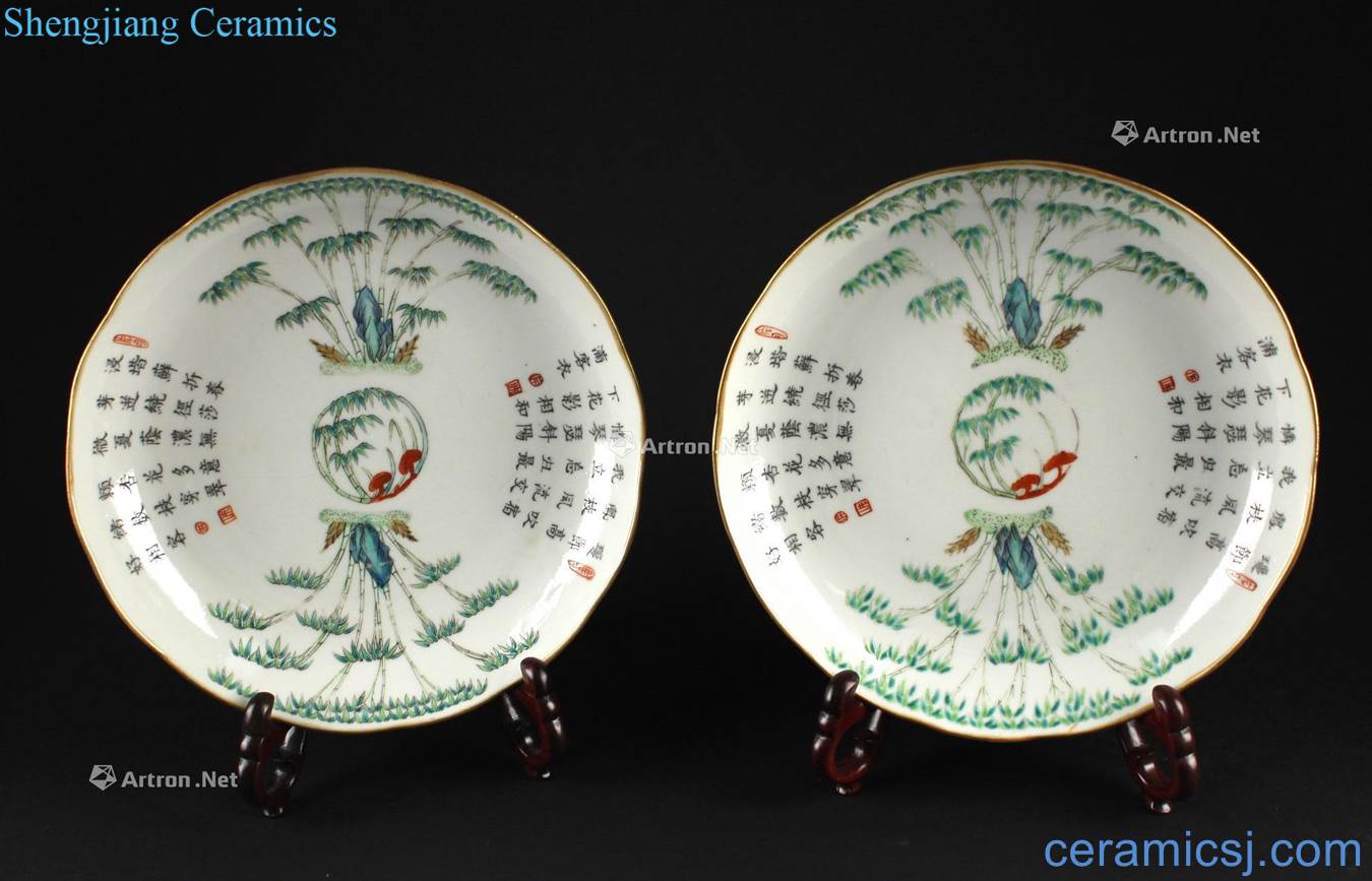 Qing daoguang Colorful poem asparagus stone figure mouth tray A pair of