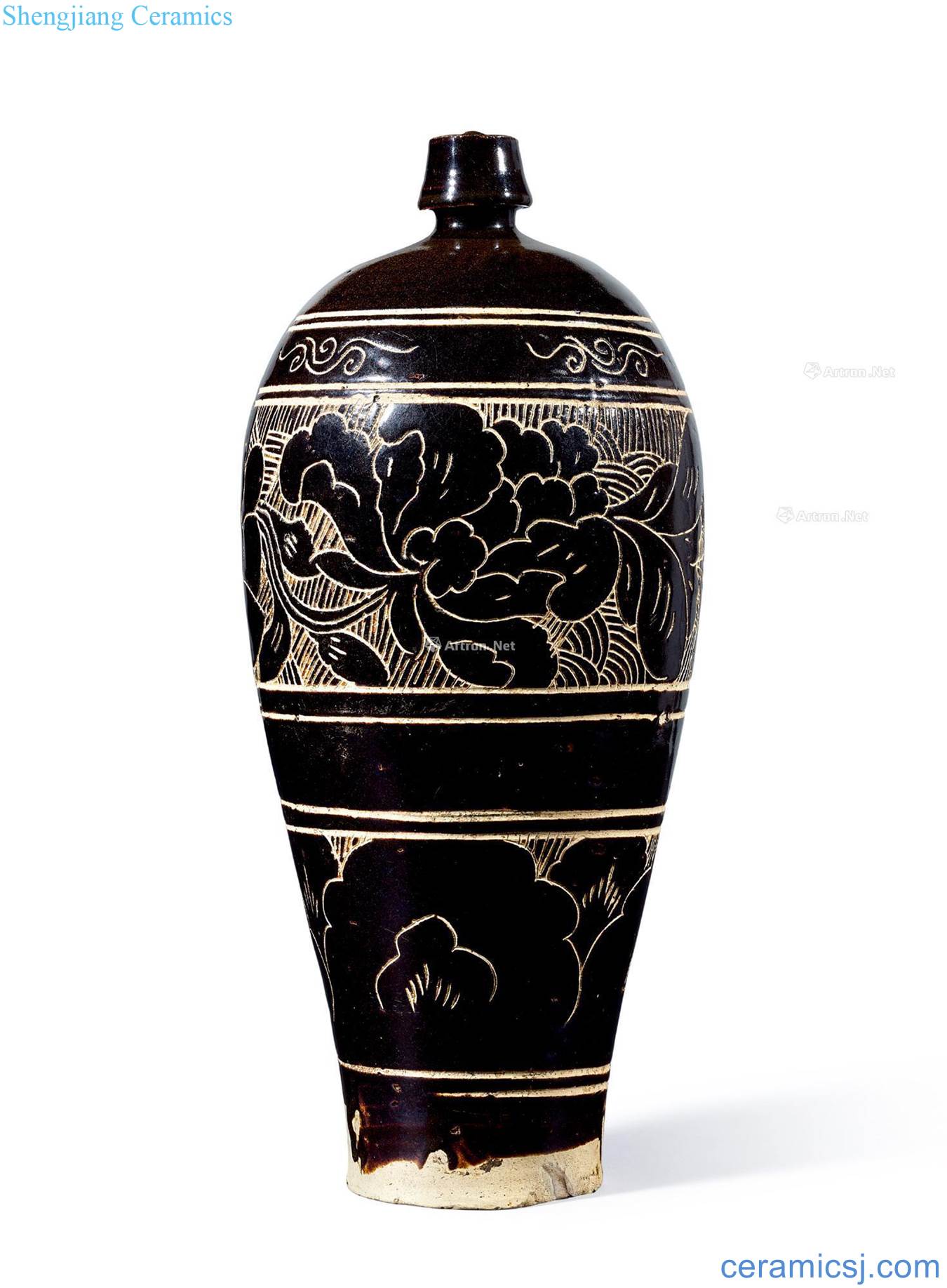 Northern song dynasty black magnetic state kiln carved white peony lines may bottle