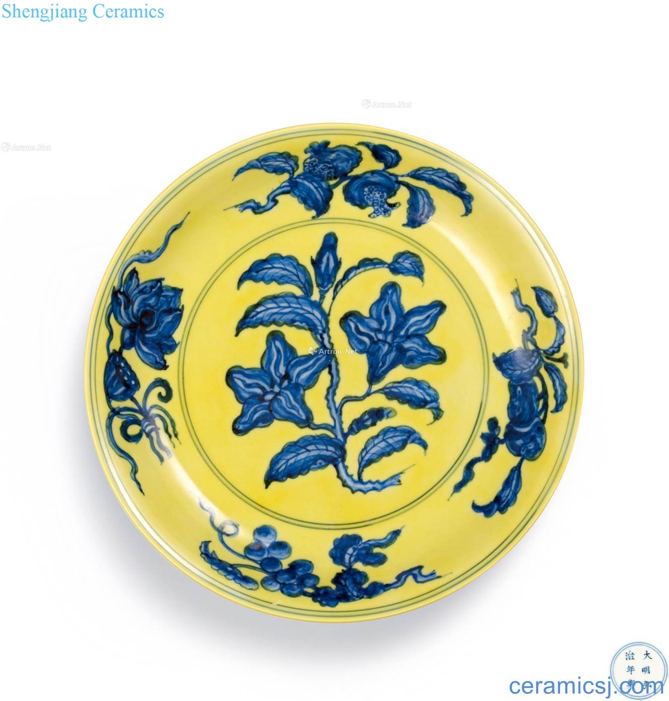 Ming hongzhi Blue and white gardenia yellow ground faceplate