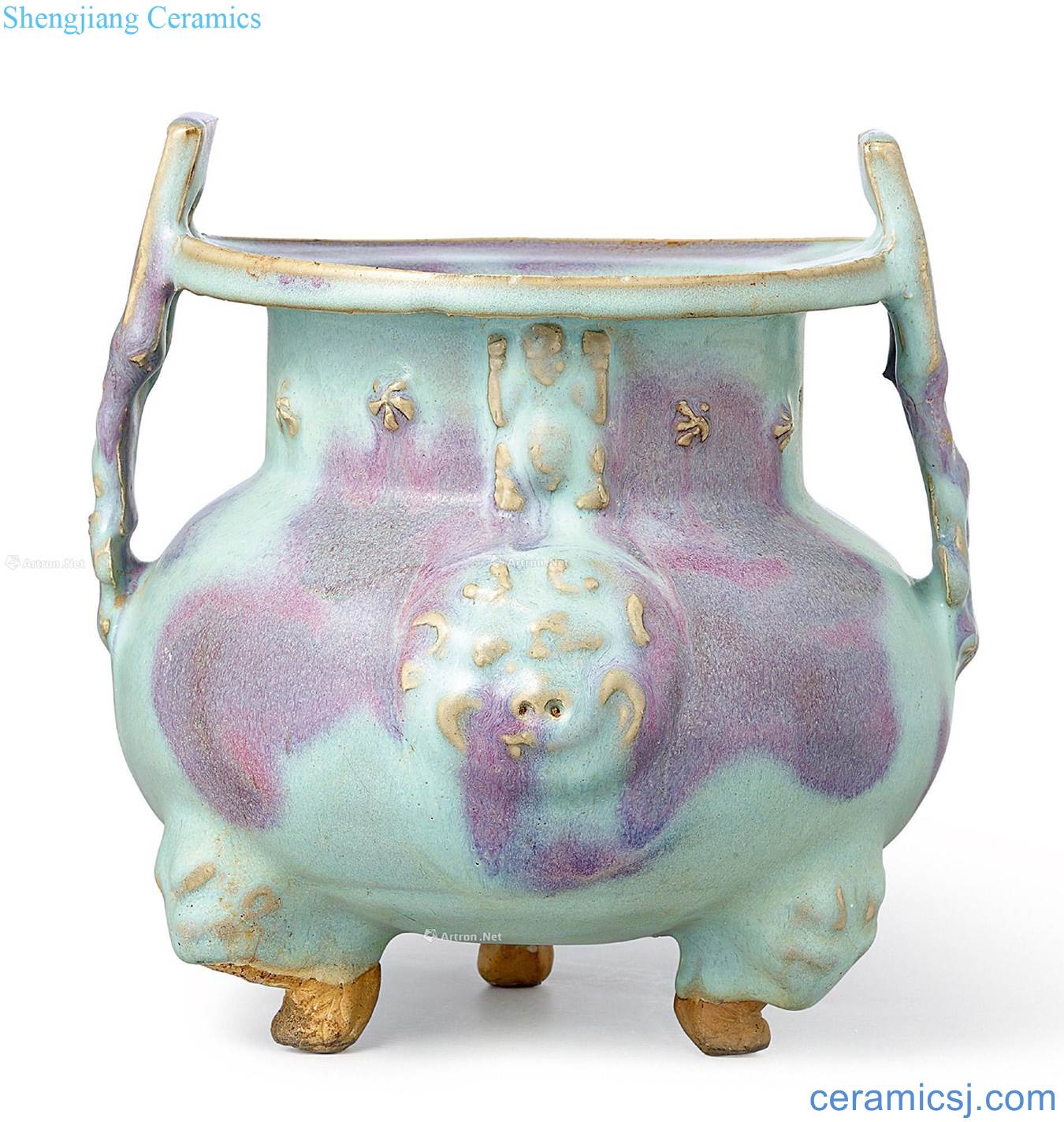 Gold to yuan Sky blue glaze purple masterpieces to the ear furnace with three legs
