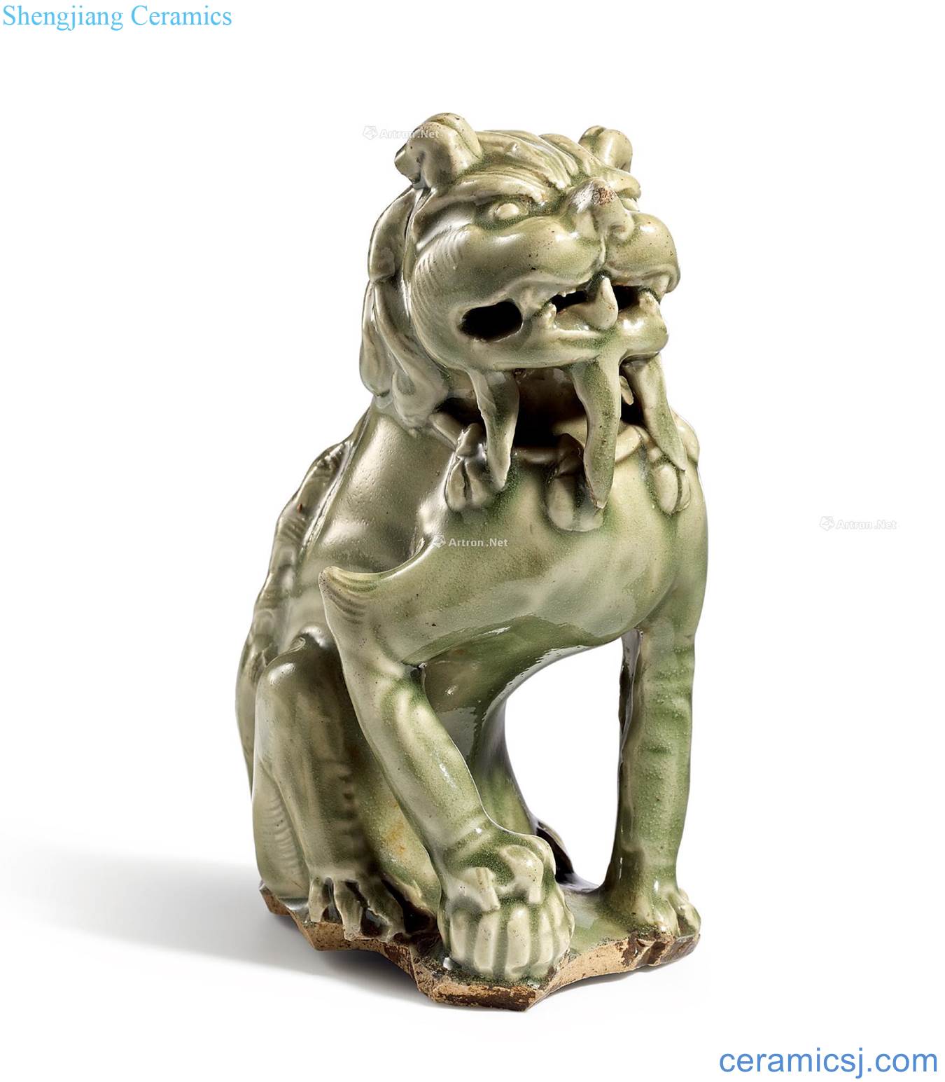 Five generations or earlier Yao state kiln green glaze sit lion