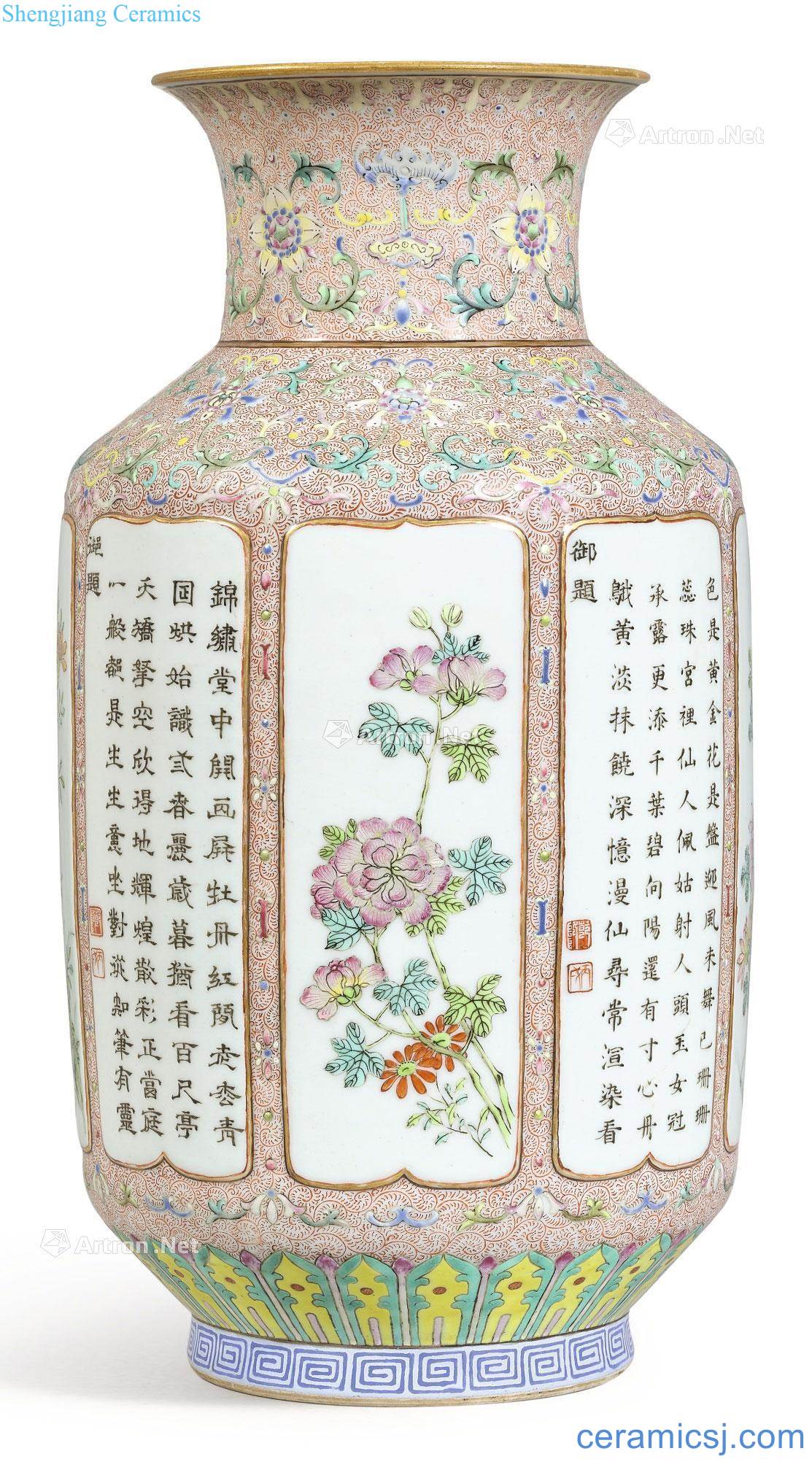 Qing qianlong pastel medallion topic drive makes the poem flower grain mouth bottle