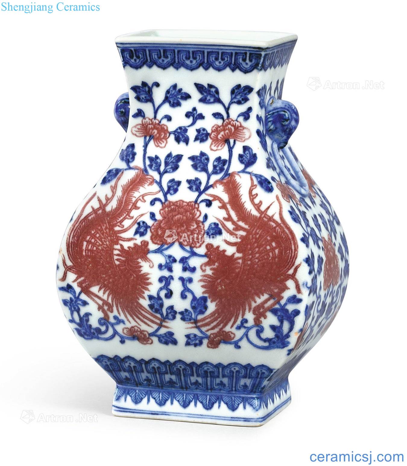 Qing in the eighteenth century Blue and white youligong red peony double phoenix grain penghu-glance