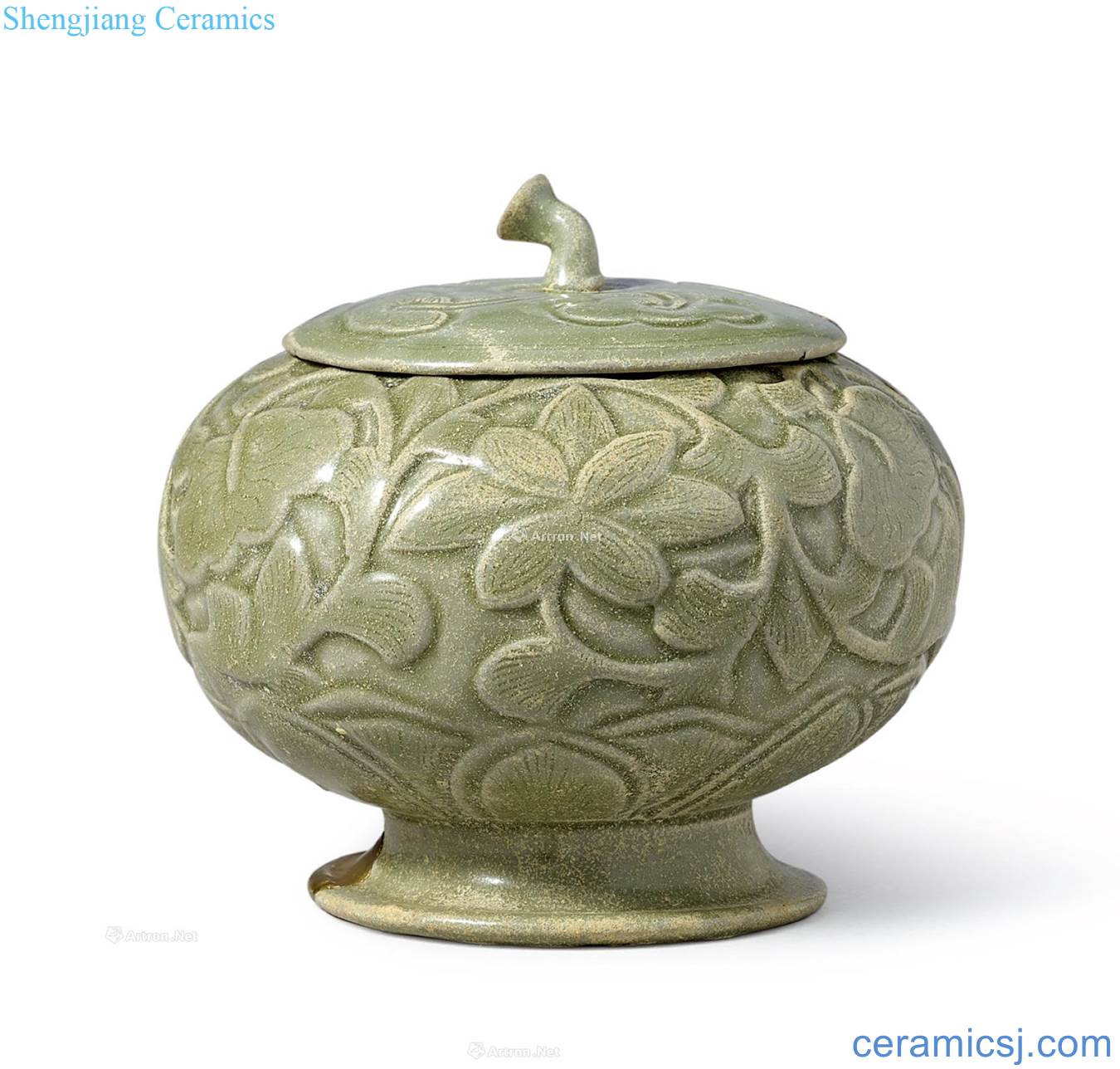 The five dynasties Yao state kiln green glaze bound branch lines cover pot flowers