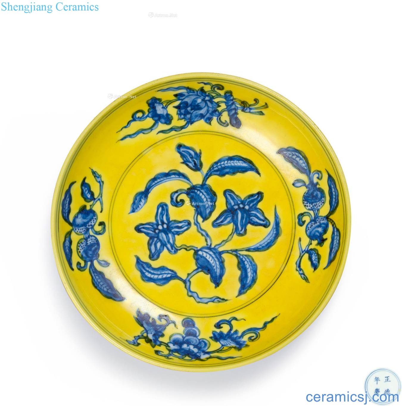 MingZhengDe Blue and white gardenia yellow ground faceplate