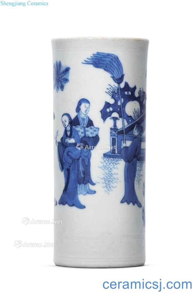 Ming/qing Blue and white toad hall won figure pen container