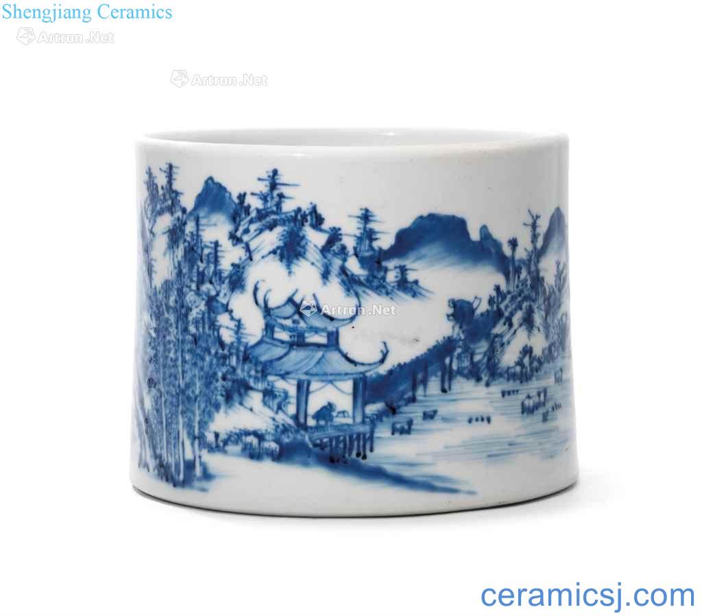 The 18/19 century Blue and white landscape character figure pen container