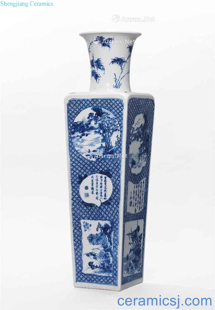 The qing emperor kangxi Blue and white medallion landscape poetry figure show