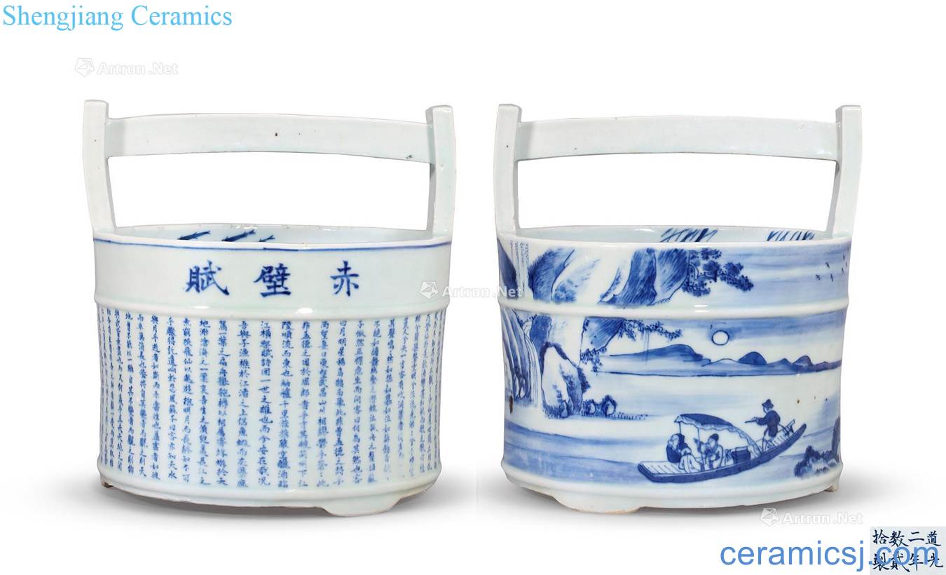 Qing daoguang Blue and white literary figure pail