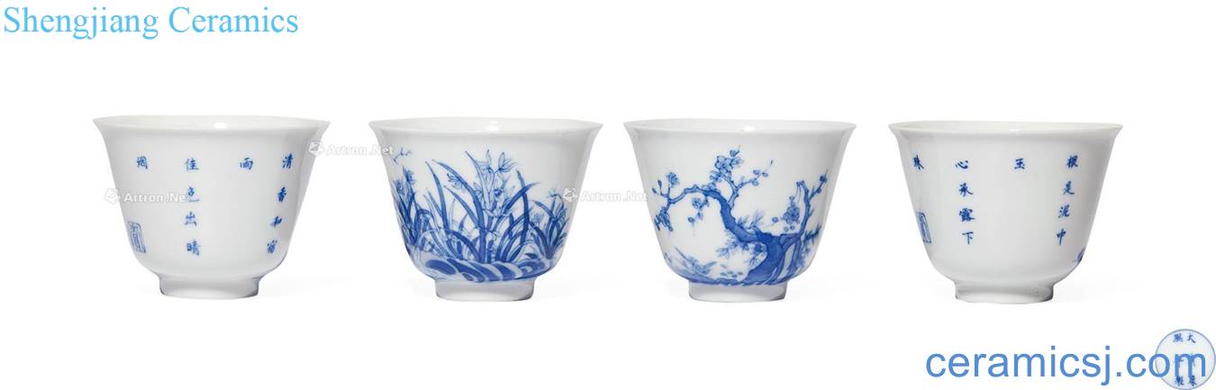 Qing guangxu Blue and white flowers poetry cup (a group of four pieces)