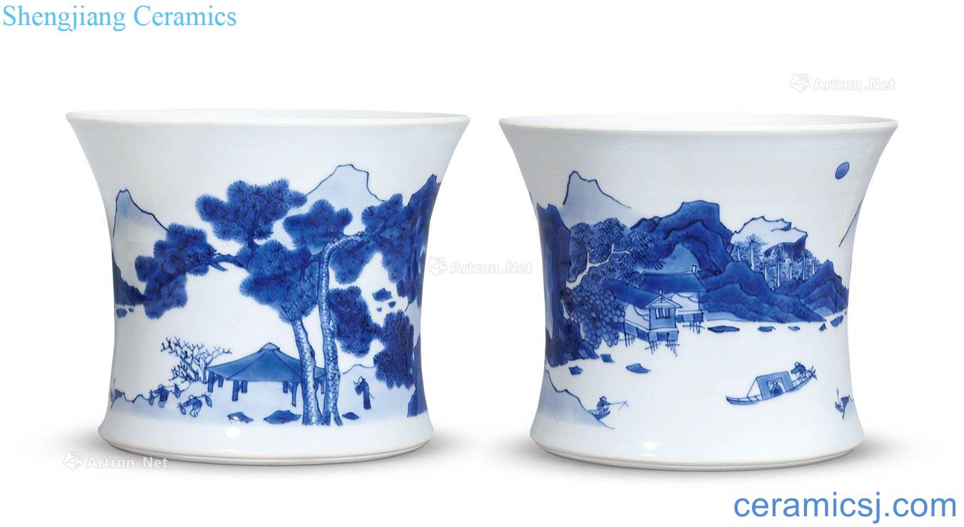 Ming chongzhen Blue and white landscape character lines waist brush pot