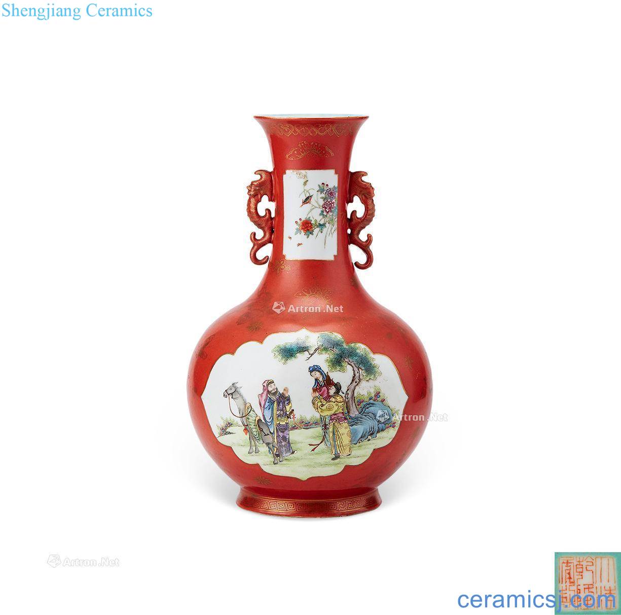 In late qing alum bottle red paint medallion enamel characters